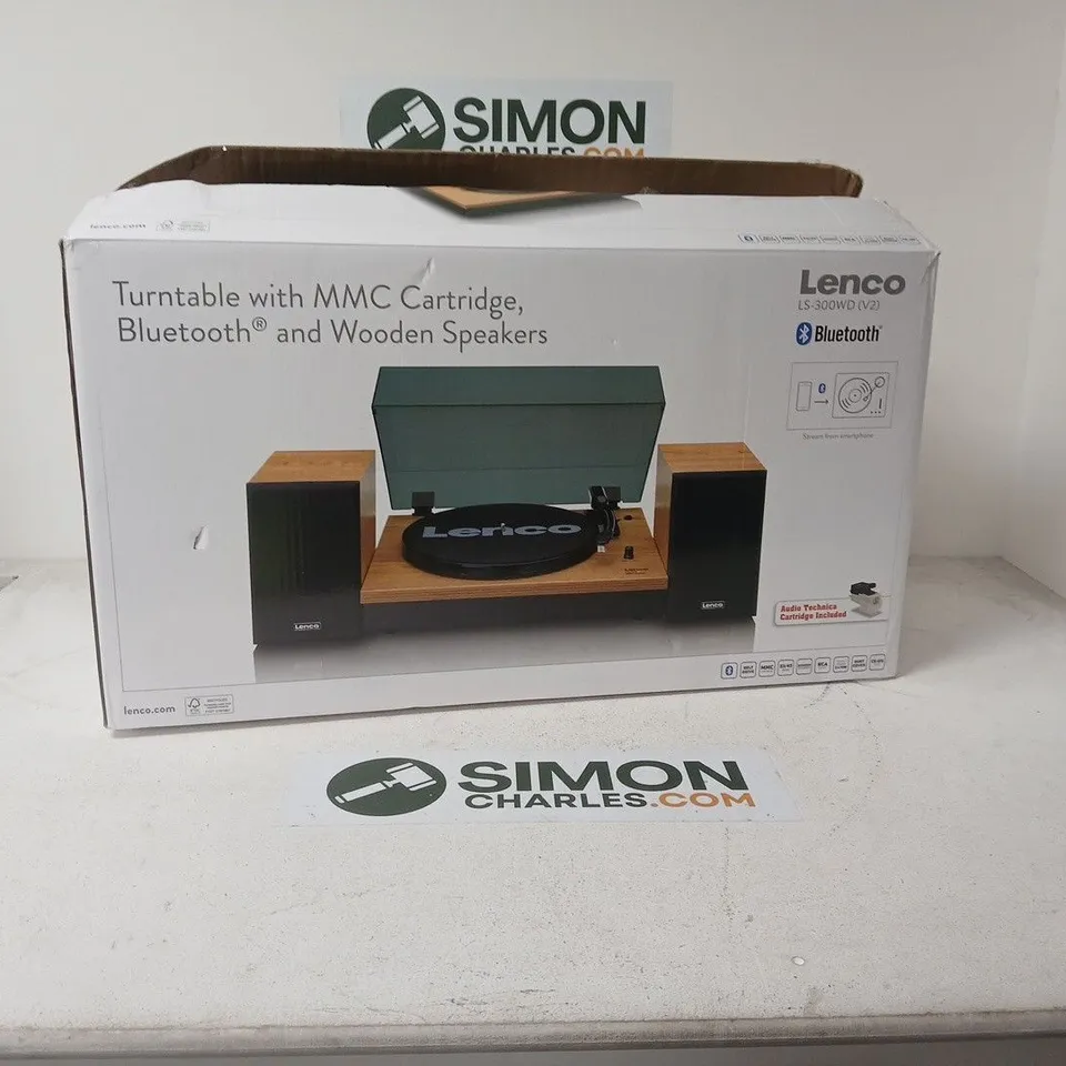 LENCO TURNTABLE WITH MMC CARTRIDGE, BLUETOOTH & WOODEN SPEAKERS – BOXED