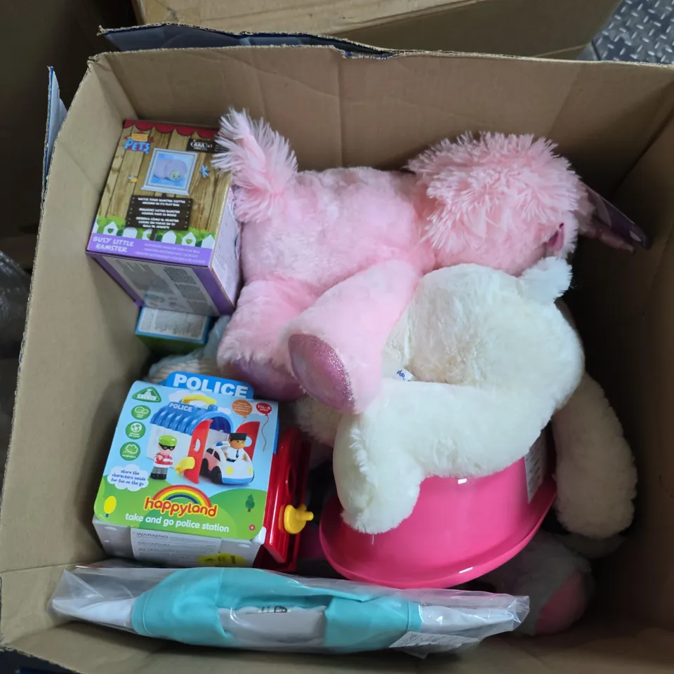 BOX OF APPROXIMATELY 12 ASSORTED TOYS INCLUDING SOFT TOYS AND HAPPY LAND POLICE STATION 