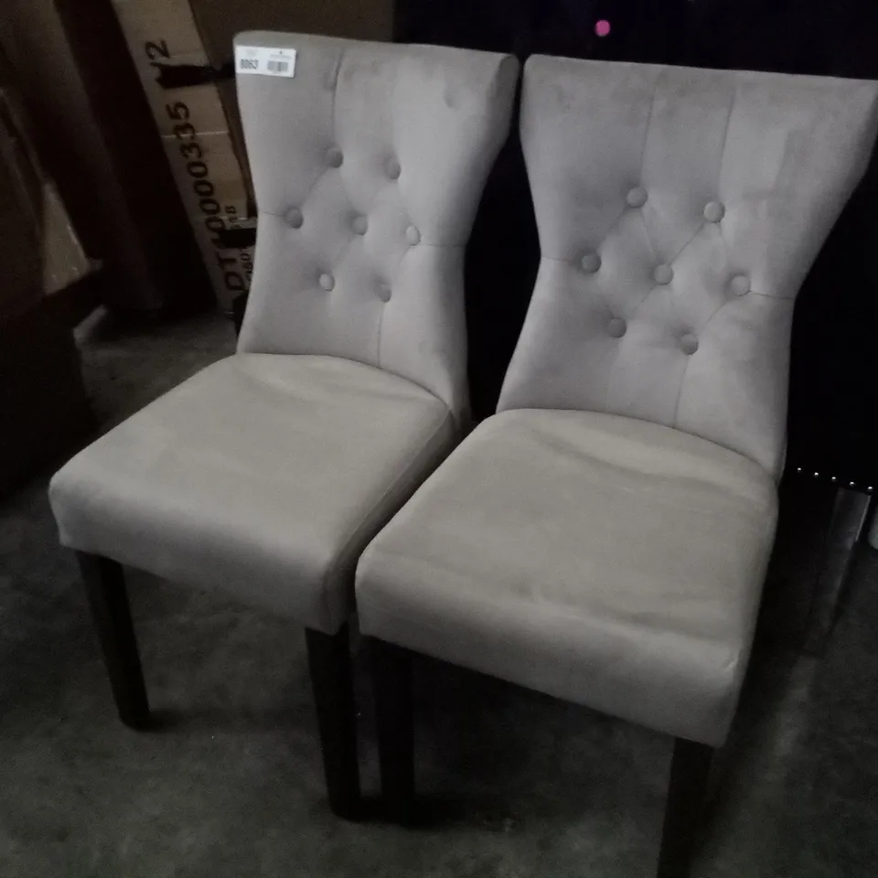 PAIR OF SILVER FABRIC DINING CHAIRS WITH WALNUT LEGS