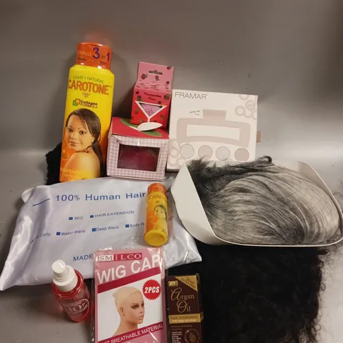 BOX OF APPROXIMATELY 15 COSMETIC ITEMS TO INCLUDE - CAROTONE BRIGHTENING BODY LOTION - FRAMAR RECTANGLE KING CLAW CLIPS - XHC ARGAN OIL HAIR TREATMENT ETC 