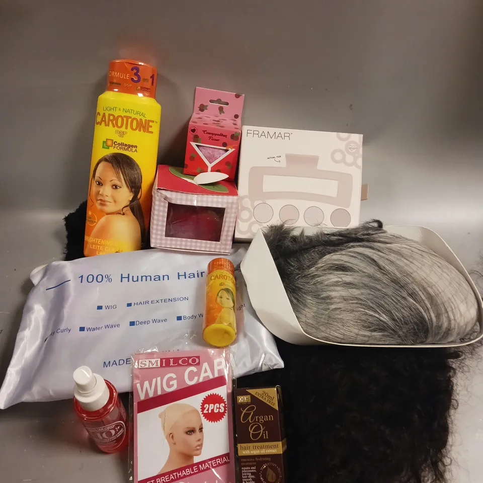 BOX OF APPROXIMATELY 15 COSMETIC ITEMS TO INCLUDE - CAROTONE BRIGHTENING BODY LOTION - FRAMAR RECTANGLE KING CLAW CLIPS - XHC ARGAN OIL HAIR TREATMENT ETC 
