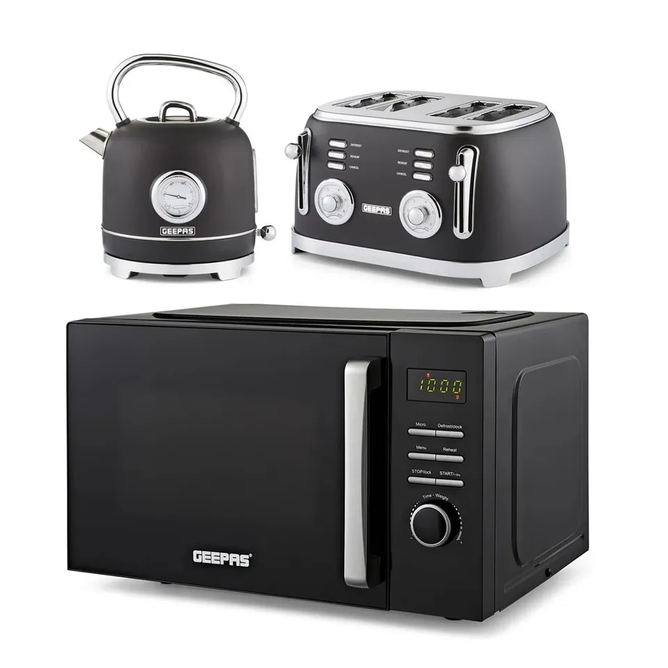 BOXED GEEPAS 23L DIGITAL MICROWAVE OVEN, 1.7L KETTLE & 4 SLICE TOASTER (1 BOX)