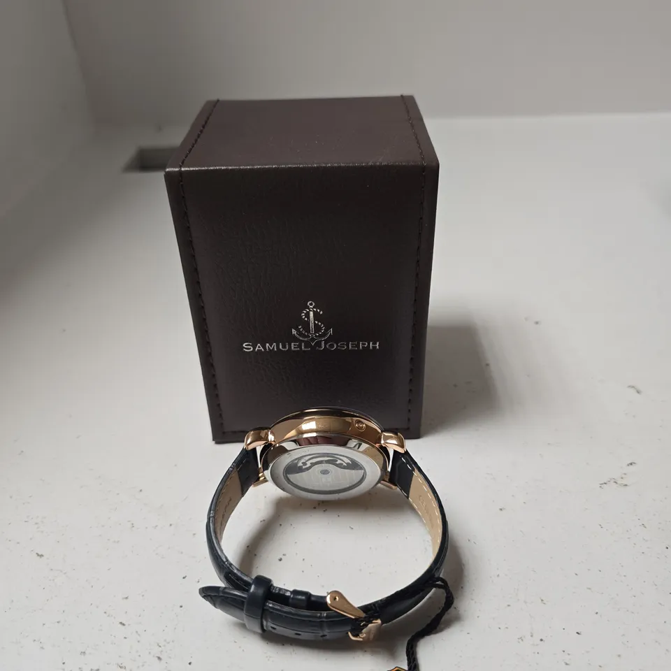 BOXED SAMUEL JOSEPH AUTOMATIC LIMITED EDITION ROSE GOLD TONE BLUE DIAL WATCH