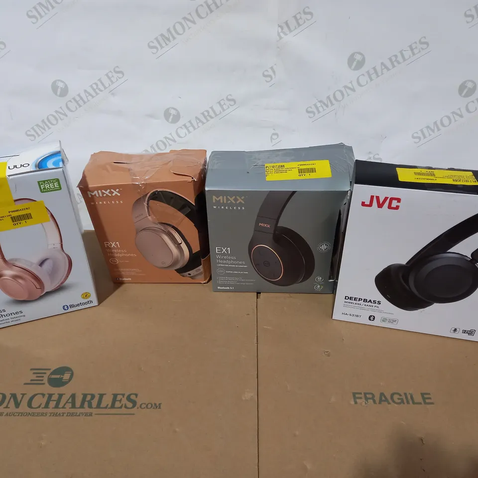 LOT OF 4 ASSORTED HEADPHONES TO INCLUDE JVC, MIXX WIRELESS HEADPHONES, ONN ETC