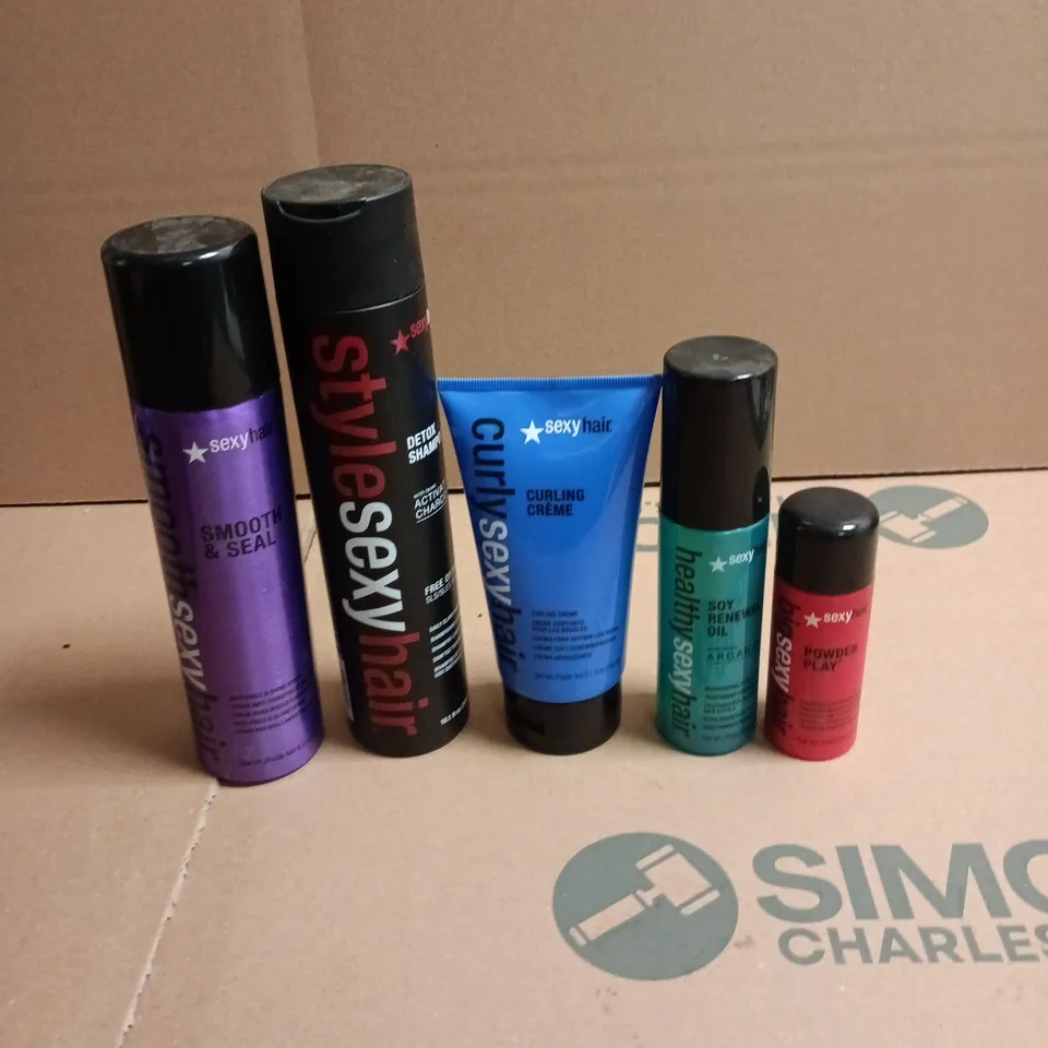 BOX OF APPROXIMATELY 20 SEXY HAIR HAIRCARE PRODUCTS TO INCLUDE STYLING POWDER, CURLING CREME AND ANTI-FRIZZ AND SHINE SPRAY