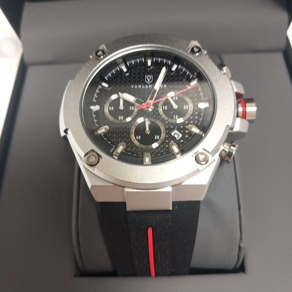 MENS VONLANTHEN CHRONOGRAPH WATCH – V200 – TEXTURED DIAL – 3ATM WATER RESISTANT – BLACK RUBBER STRAP