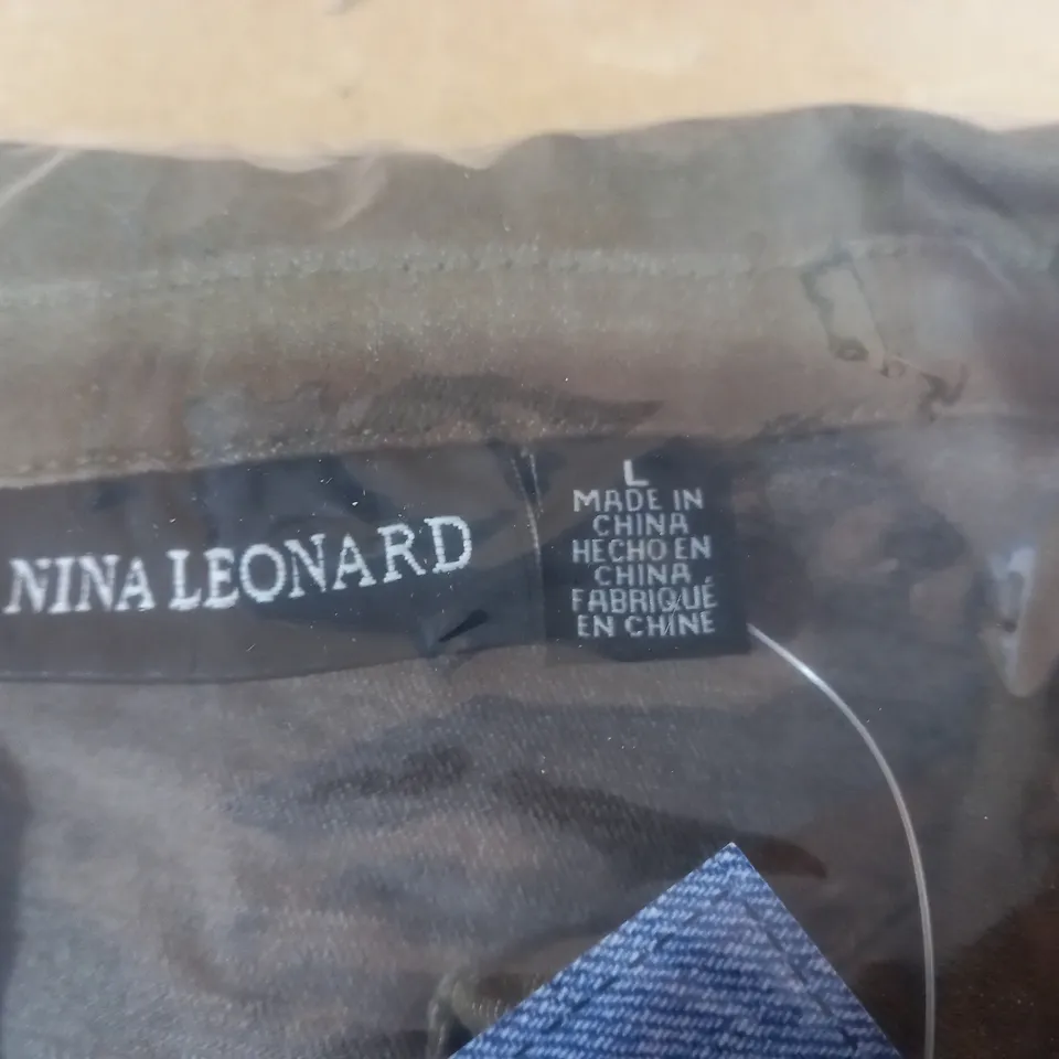 BRAND NEW ELBOW SLEEVE BUTTON UP STRETCH DENIM DRESS BY NINA LEONARD DARK OLIVE LARGE