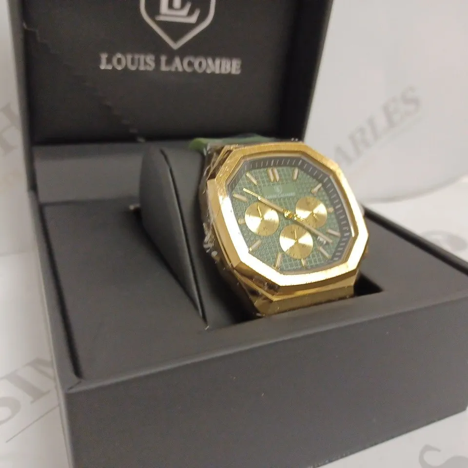LOUIS LACOMBE MENS CHRONOGRAPH WATCH - YELLOW GOLD COLOURED BEZEL AND CASE - GREEN RUBBER STRAP - 3ATM WATER RESISTANT - DISPLAY BOX