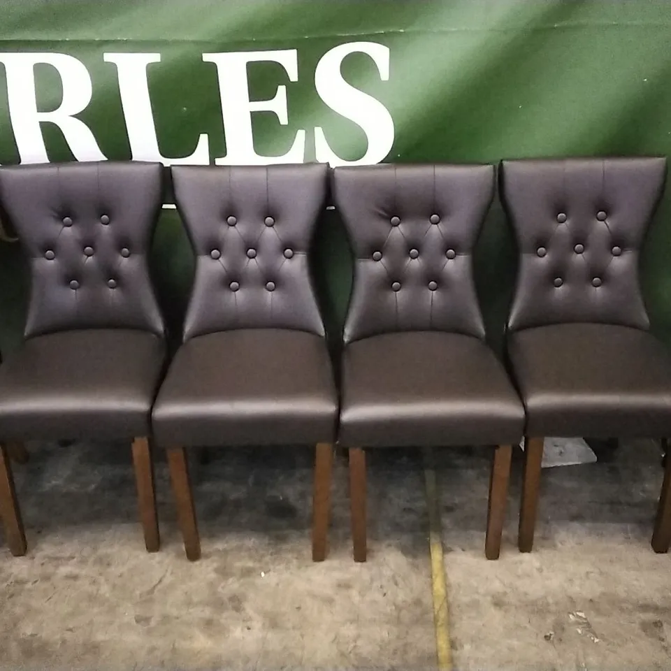 6 CHOCOLATE BROWN LEATHER BUTTONBACK DINING CHAIRS WITH WOODEN LEGS