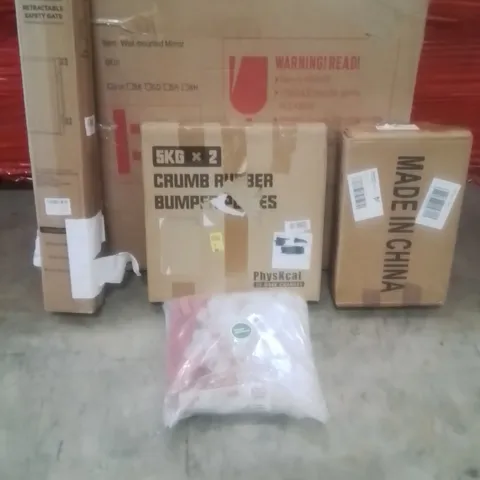 PALLET CONTAINING ASSORTED ITEMS TO INCLUDE: DRESSING TABLE STOOL, TILE LEVELING SPACERS AND WEDGES , RUBBER BUMPER PLATES, WALL MOUNTED MIRROR AND RETRACTABLE SAFETY GATE  ETC...