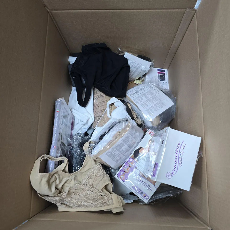 BOX OF APPROXIMATELY 15 ASSORTED HOUSEHOLD ITEMS TO INCLUDE NOKIA 105 PHONE, AFTERSHAVE, COMFORTISSE PUSH UP BRA PACK ETC