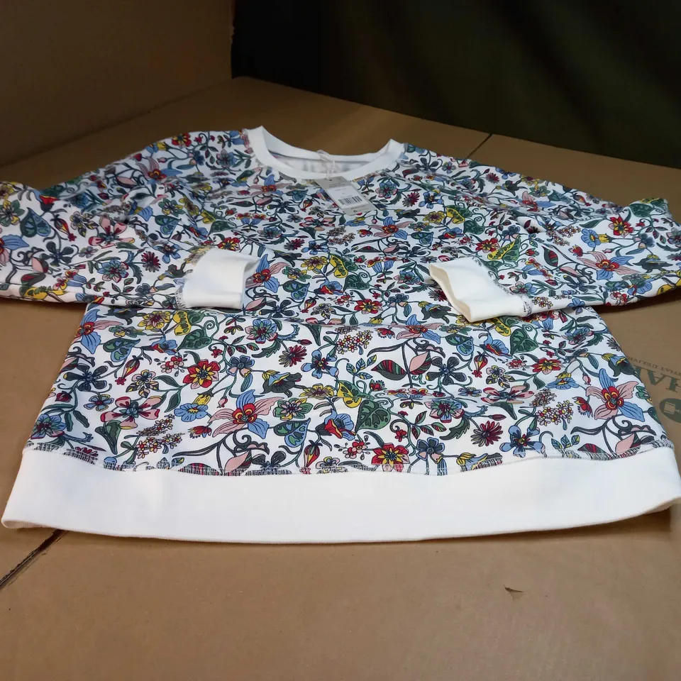 BODEN WHITE/FLORAL PRINT CREW NECK SWEATER - XS