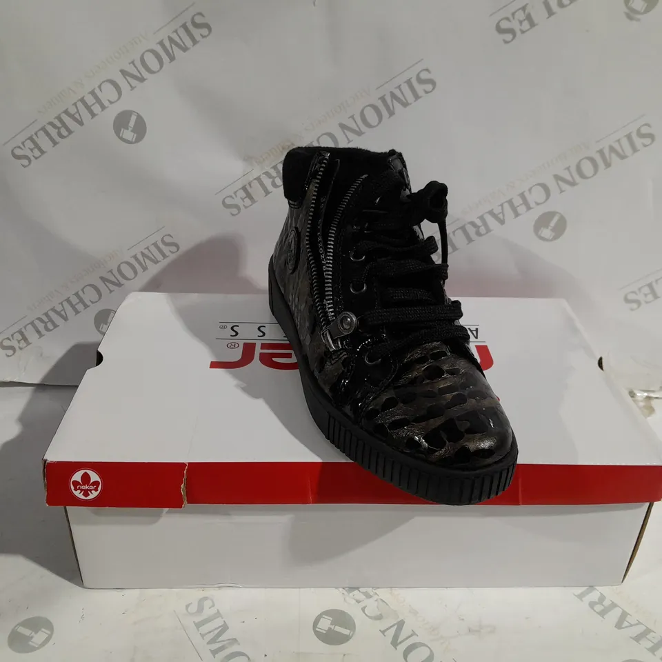 BOXED PAIR OF RIEKER HIGH TOP BOOTS IN BLACK - SIZE 5