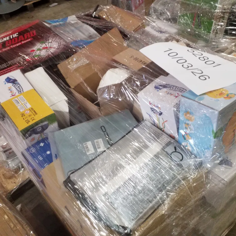 PALLET CONTAINING ASSORTED PRODUCTS INCLUDING WHALE TOY SPRINKLER, MONITOR VGA CABLES, MAGNETIC DART BOARDS, HARD HAT & KARAOKE MACHINE