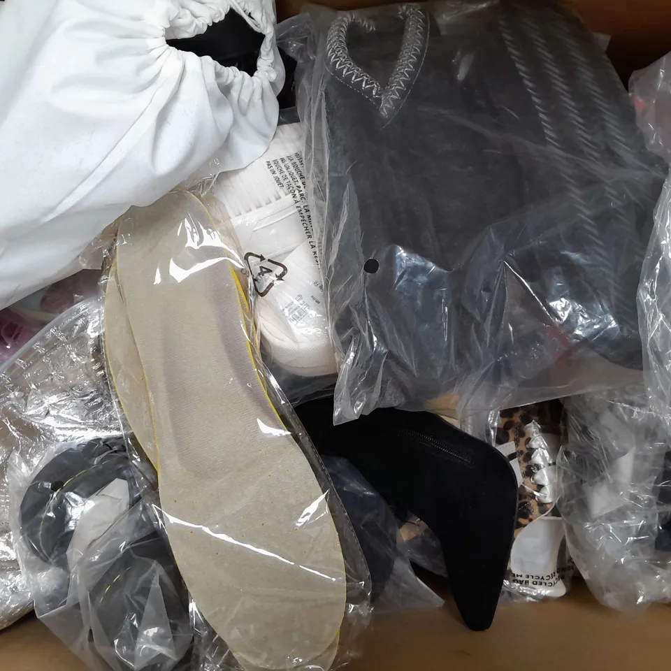 BOX OF APPROXIMATELY 10 ASSORTED PAIRS OF SHOES AND FOOTWEAR ITEMS IN VARIOUS COLOURS, STYLES, AND SIZES - COLLECTION ONLY