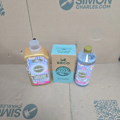 APPROXIMATELY 15 ASSORTED HOUSEHOLD PRODUCTS TO INCLUDE FABULOSA SCENT BOOSTER GEL, MINT SCENTED POOP BAGS, FABULOSA MULTI PURPOSE CLEANER