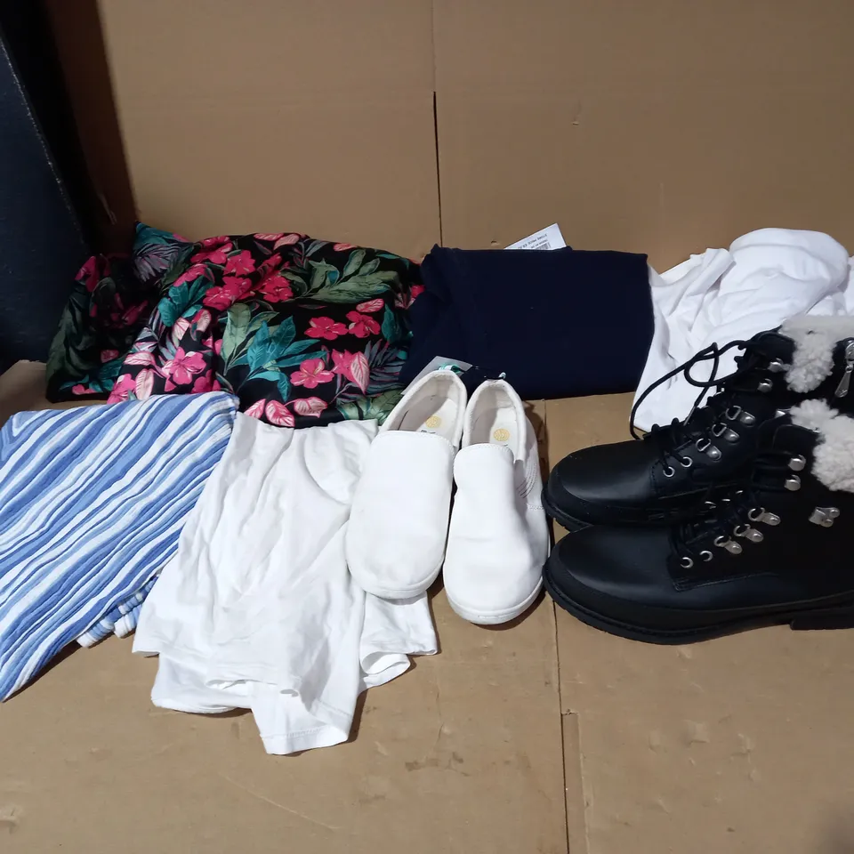 LARGE BOX OF ASSORTED CLOTHING ITEMS AND SHOES