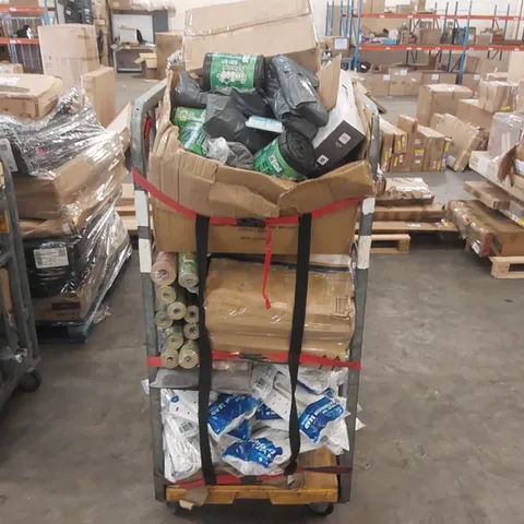 CAGE OF ASSORTED CONSUMER PRODUCTS INCLUDING: EXTENSION CABLES, WRAPPING PAPER, BIN BAGS ECT // CAGE NOT INCLUDED 