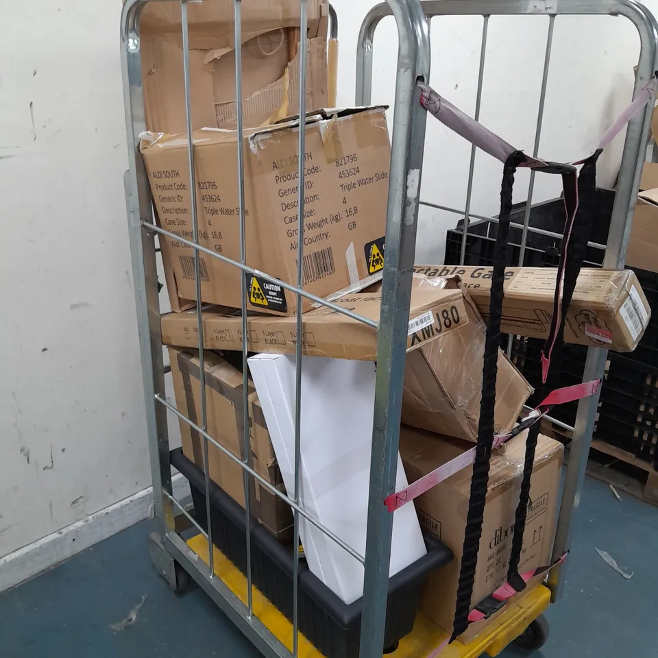 CAGE OF ASSORTED HOUSEHOLD GOODS TO INCLUDE FLY ZAPPERS, PLANT POT, WINE GOBLETS, COFFEE CAPSULE DRAWER, AND SELF ABSORPTION OIL PUMP ETC. 
