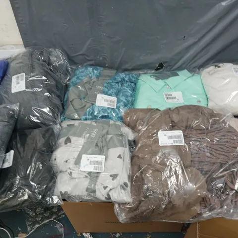 BOX OF APPROXIMATELY 10 ASSORTED PIECES OF CLOTHING IN VARIOUS STYLES, SIZES, AND BRANDS 