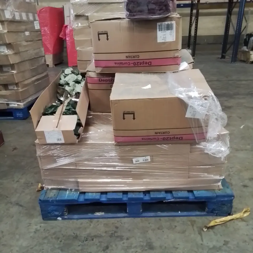 PALLET CONTAINING 4 BOXES OF X4 PLAIN EYELET CURTAINS, APPROXIMATELY 15 BOXES OF FAUX EUCALYPTUS PLANTS