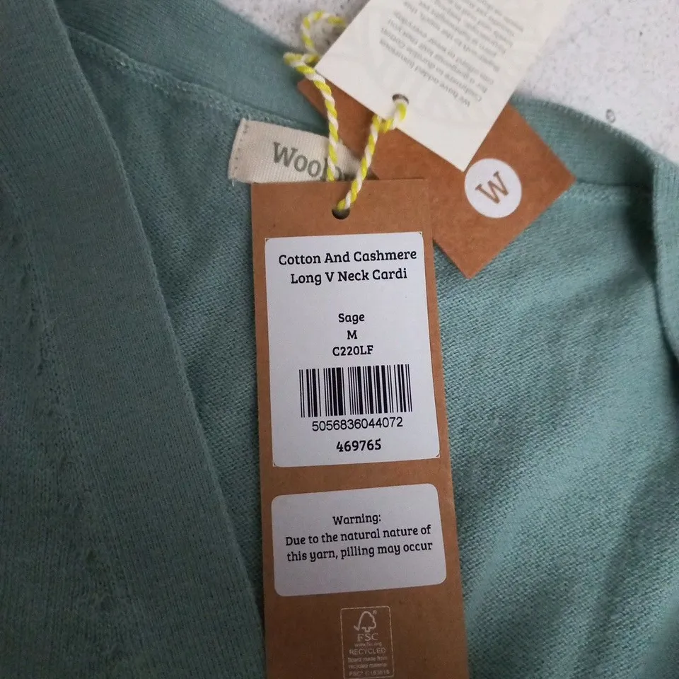 WOOLOVERS COTTON & CASHMERE LONG V-NECK CARDIGAN – SAGE, UK SIZE M