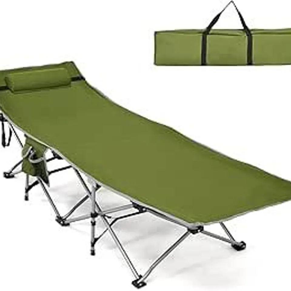 BOXED COSTWAY FOLDING CAMPING COT WITH DETACHABLE HEADREST AND SIDE POCKET - GREEN