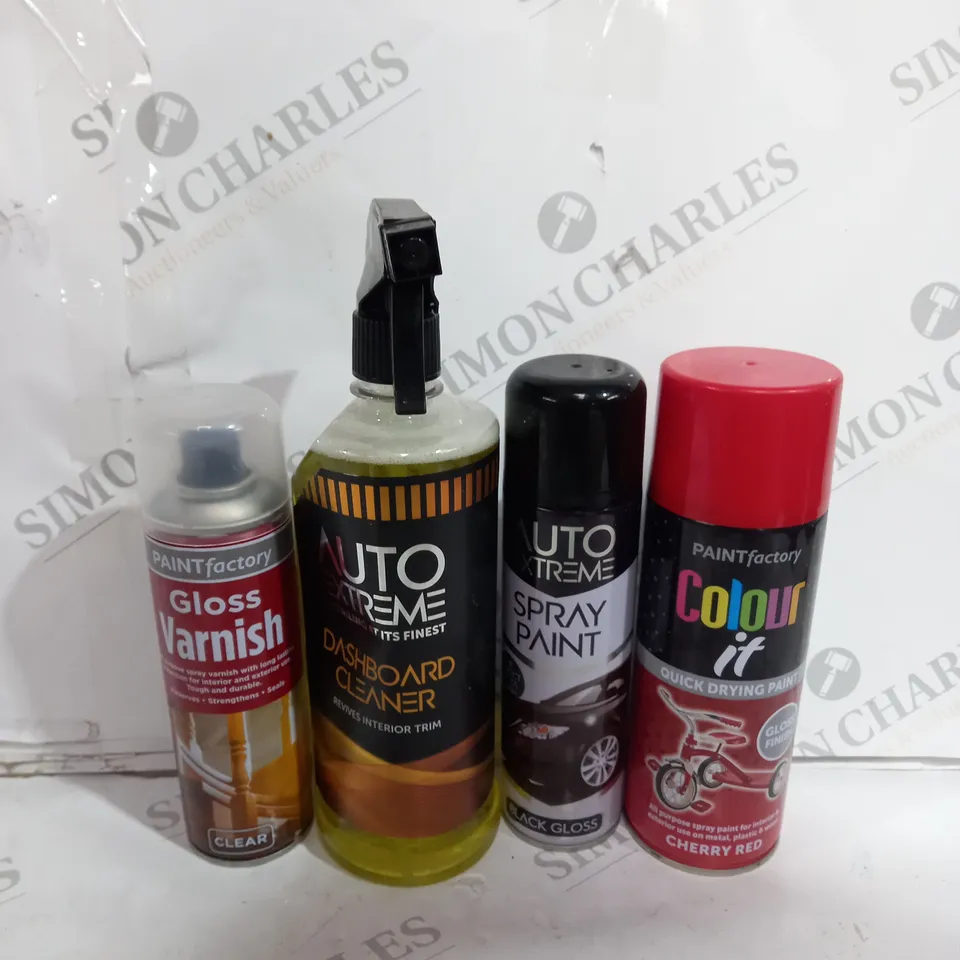 BOX OF APPROX 25 ASSORTED ITEMS TO INCLUDE - AUTO EXTREME DASHBOARD CLEANER - GLOSS VARNISH - PAINT FACTORY COLOUR IT CHERRY RED ECT