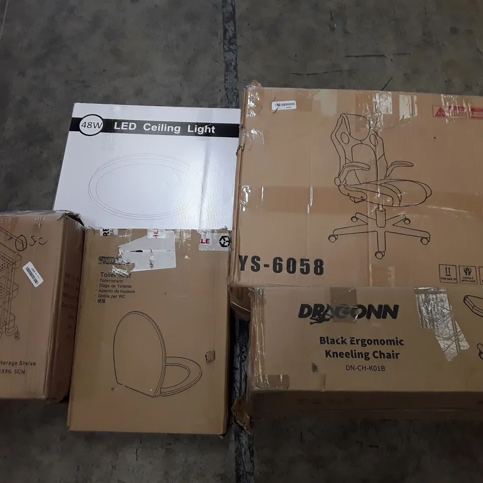PALLET OF ASSORTED PRODUCTS INCLUDING OFFICE CHAIR, ERGONOMIC KNEELING CHAIR, TOILET SEAT, 3-TIER STORAGE SHELVE, LED CEILING LIGHT