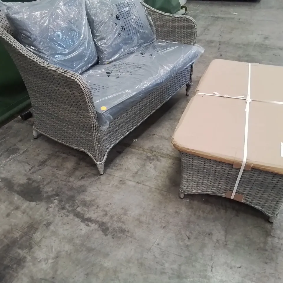 DESIGNER GREY RATTAN COFFEE SET OF TWO SEATER SOFA WITH CUSHIONS & GLASS TOP COFFEE TABLE 