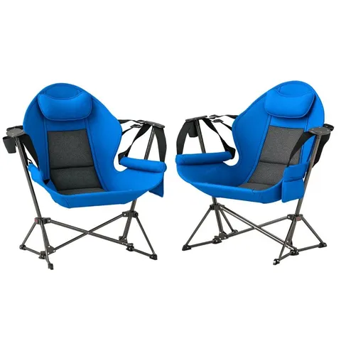 OUTSUNNY HAMMOCK CAMPING CHAIR SET OF 2, ADJUSTABLE BOXED BACK SWINGING CAMPING CHAIR PORTABLE SWINGING CHAIR WITH CUP HOLDER, HEADREST, PADDED SEAT AND CARRY BAG FOR TRAVEL FISHING HIKING,BLUE (1 BOX