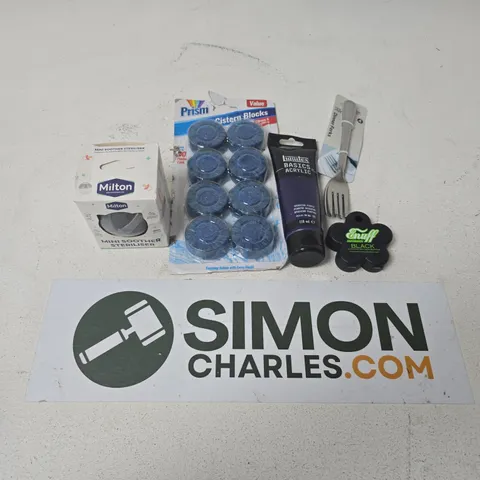 APPROXIMATELY 12 ASSORTED HOUSEHOLD ITEMS TO INCLUDE PRISM CISTERN BLOCKS, MINI SOOTHER STERILISER, DINNER FORKS, ETC