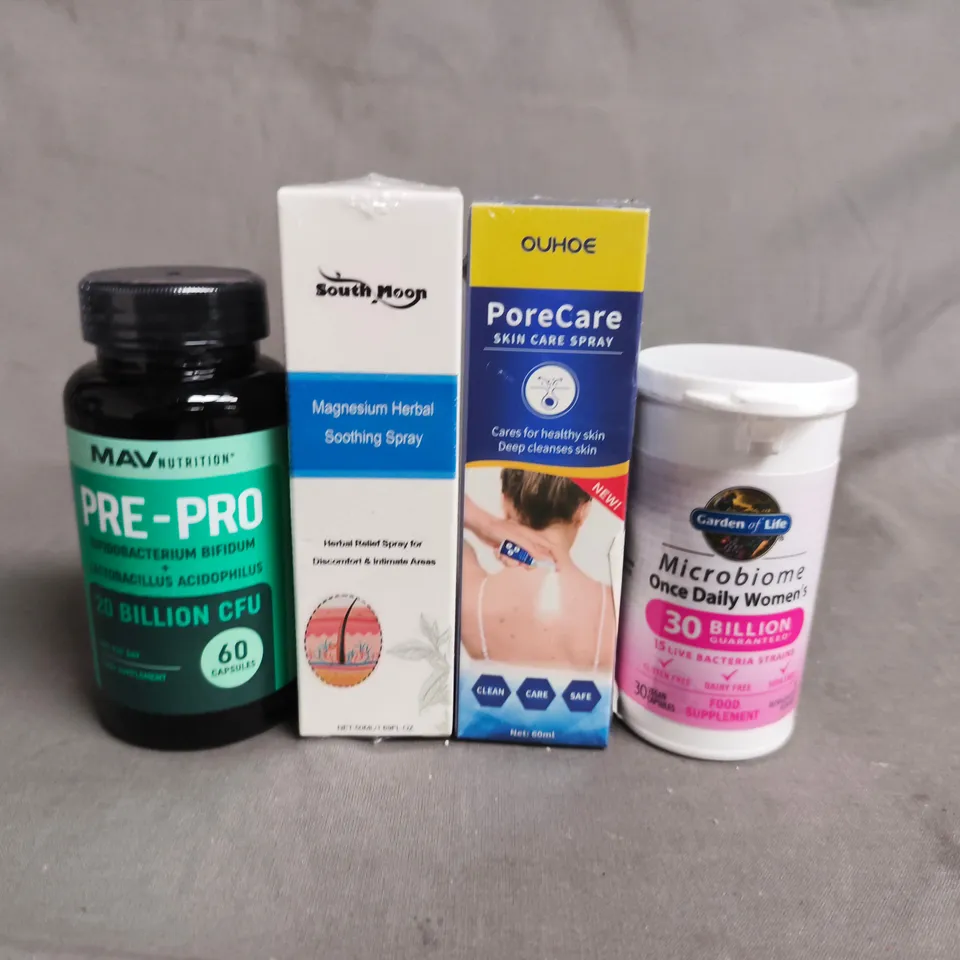 APPROX 10 ASSORTED ITEMS TO INCLUDE MAV PRE-PRO, SOUTH MOON MAGNESIUM SPRAY, PORECARE SPRAY, GARDEN OF LIFE MICROBIOME