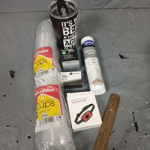 APPROXIMATELY 15 ASSORTED HOUSEHOLD PRODUCTS TO INCLUDE PLASTIC CUPS, BARKING CONTROL COLLAR, CAULK ETC