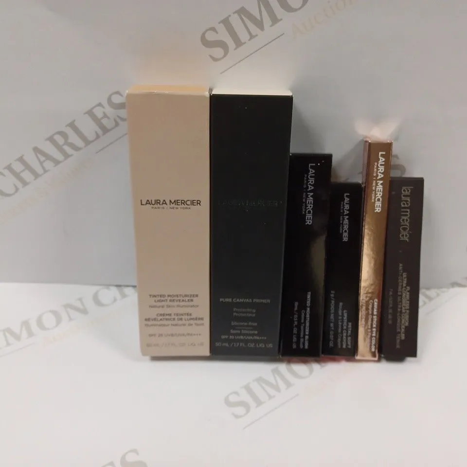 LOT OF 6 LAURA MERCIER BEAUTY PRODUCTS TO INCLUDE MOISTURISER, PRIMER, BLUSH ETC. 