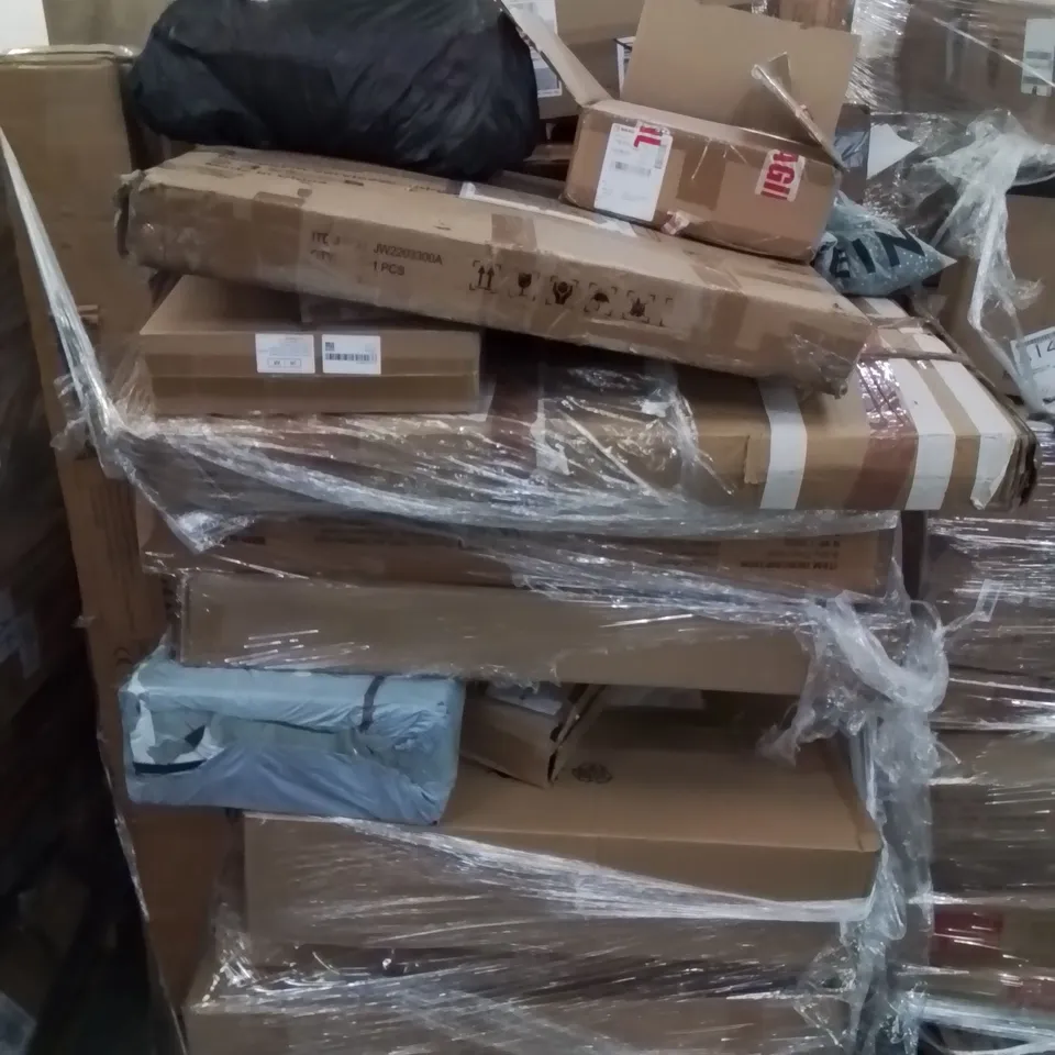 PALLET CONTAINING LARGE QUANTITY OF ASSORTED BOXED HOUSEHOLD PRODUCTS INCLUDING: HOME GYM SYSTEM, BABYBPLAY MAT, SERVING DISH SET, STORAGE BOXES AND LOTS MORE UNMARKED BOXED ITEMS 