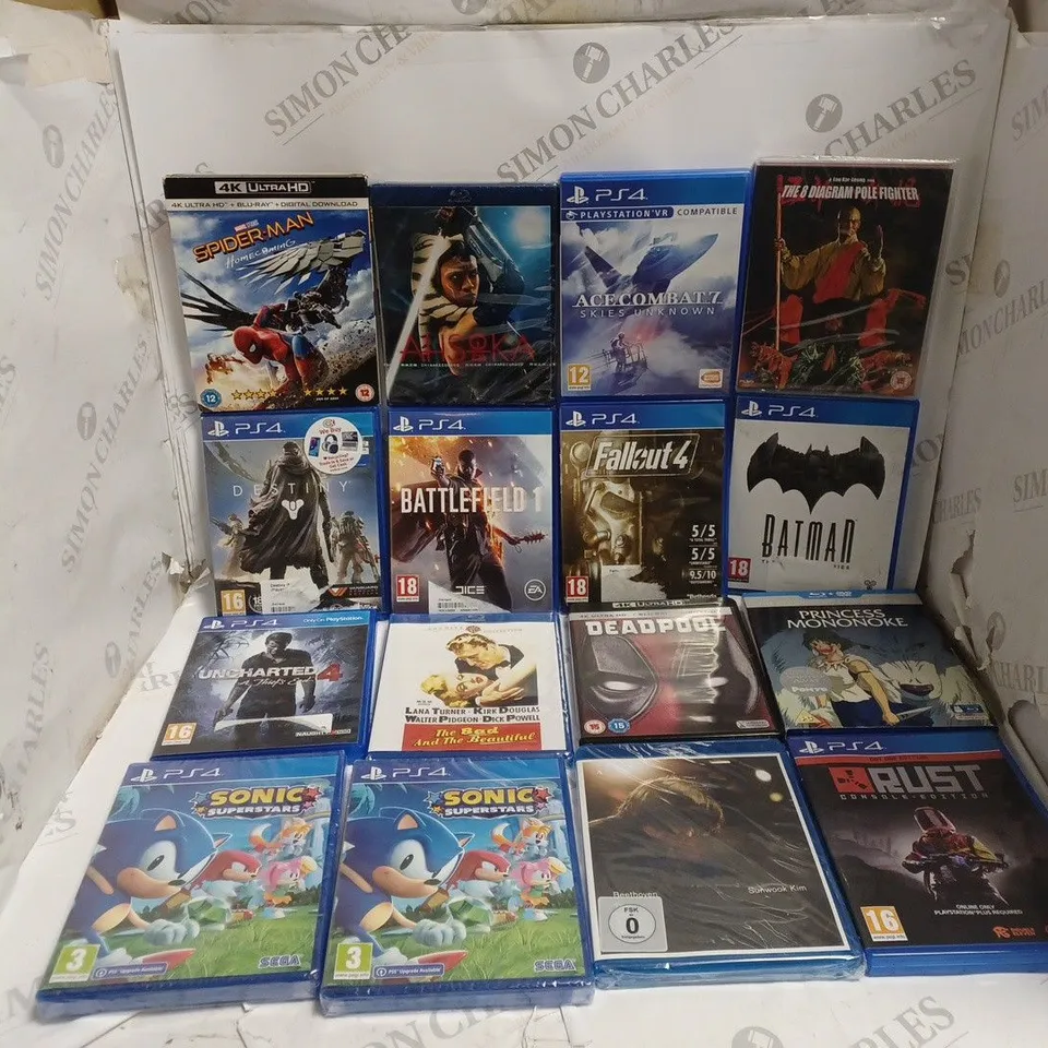 APPROXIMATELY 24 GAMES AND DVDS TO INCLUDE FALLOUT 4 (PS4), DEADPOOL, SPIDERMAN HOMECOMING, ETC