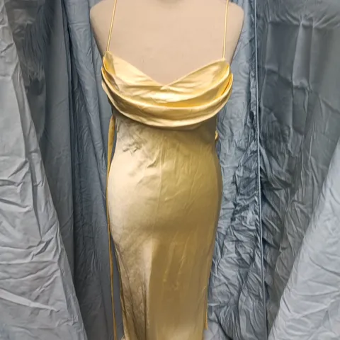 OH HELLO CLOTHING WOMEN'S SATIN EVENING DRESS – GOLD, SPAGHETTI STRAPS, DRAPED COWL NECK, UK SIZE S