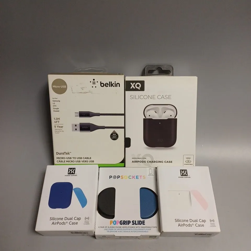 APPROXIMATELY 60 ASSORTED ELECTRICAL PRODUCTS TO INCLUDE SILICONE AIRPOD CASE COVERS, CHARGING CABLES & POP GRIP SLIDE ETC 