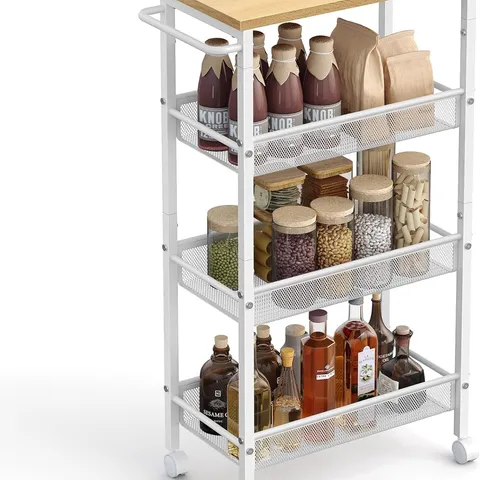 BOXED VASAGLE 4-TIER TROLLEY, SPACE-SAVING KITCHEN CART WITH CASTORS - OAK/WHITE 
