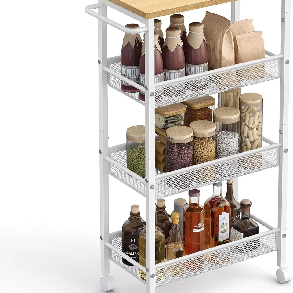 BOXED VASAGLE 4-TIER TROLLEY, SPACE-SAVING KITCHEN CART WITH CASTORS - OAK/WHITE 