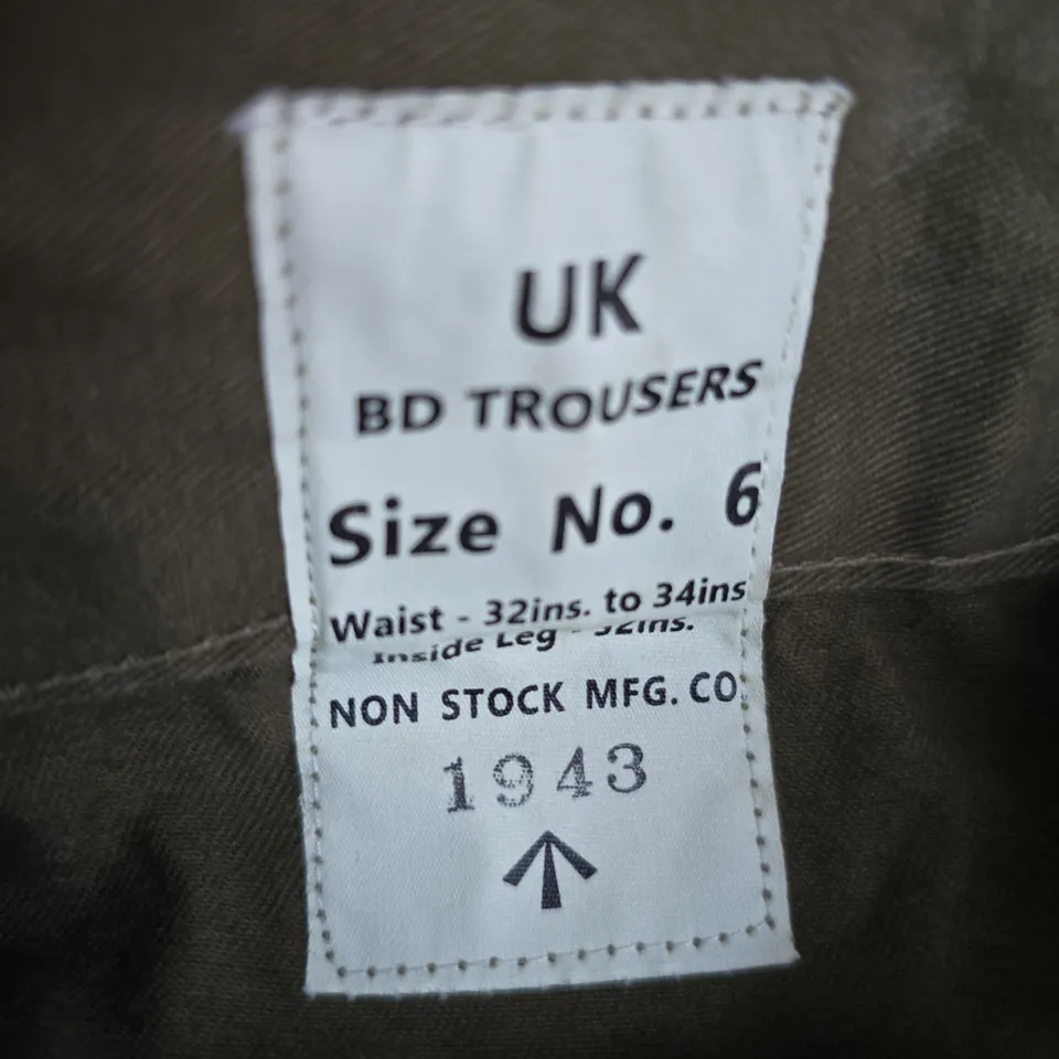 BRITISH ARMY BATTLE DRESS TROUSERS (BD) OLIVE DRAB, UK SIZE NO.6, WAIST 32–34 IN, INSEAM 31 IN, 1943 (NON STOCK MFG CO)