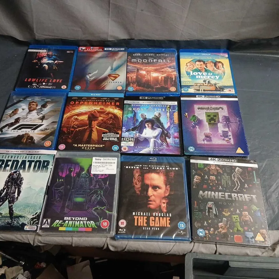 APPROXIMATELY 15 ASSORTED BLU RAYS TO INCLUDE; LOVE AND MERCY, OPPENHEIMER, F1 AND THE GAME