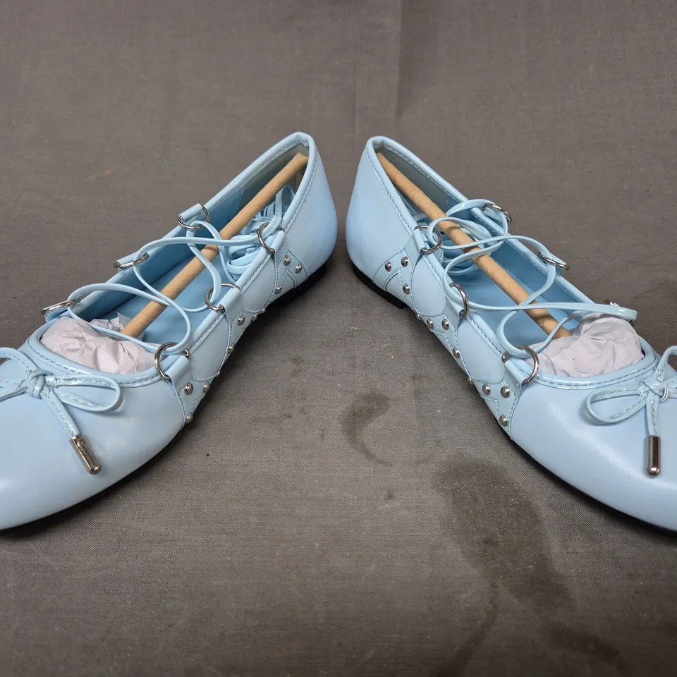BOXED PAIR OF KOI VIOLETTA LACE UP FLAT BALLET SHOES IN BLUE UK SIZE 4