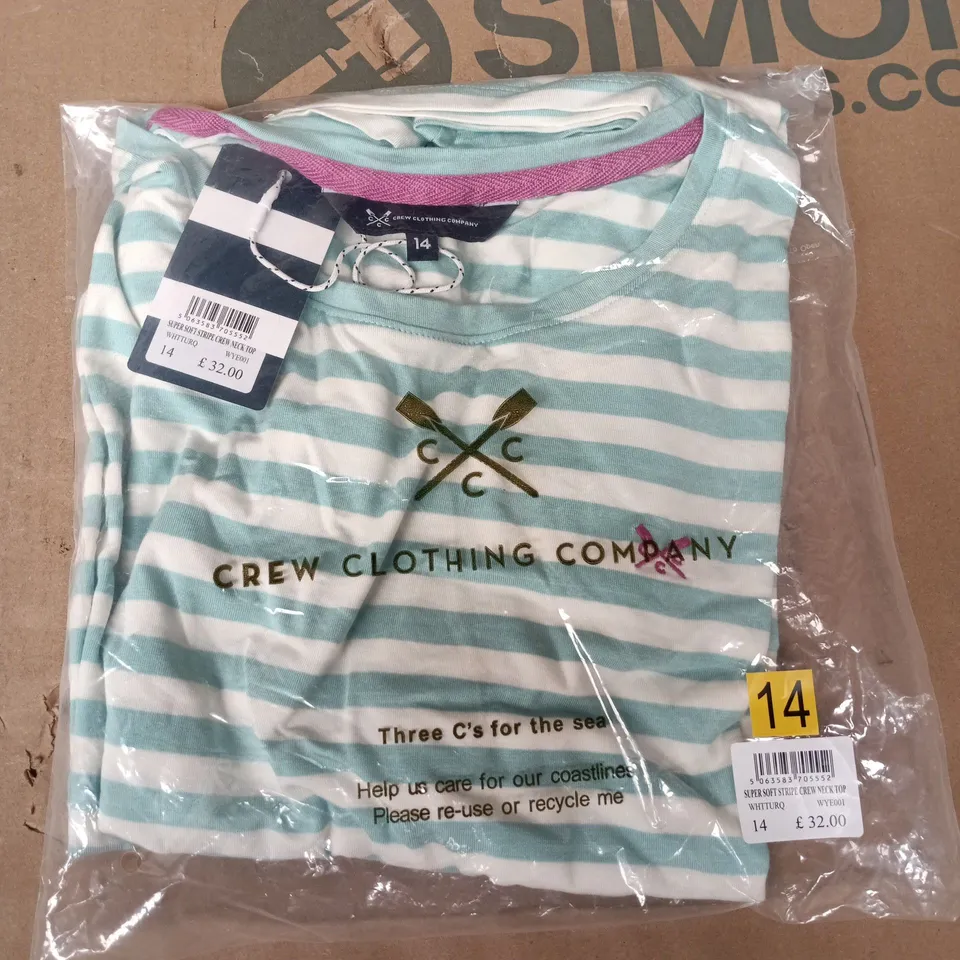 BAGGED CREW CLOTHING COMPANY SUPER SOFT STRIPE CREW NECK TOP IN WHITE/SKY BLUE - SIZE 14
