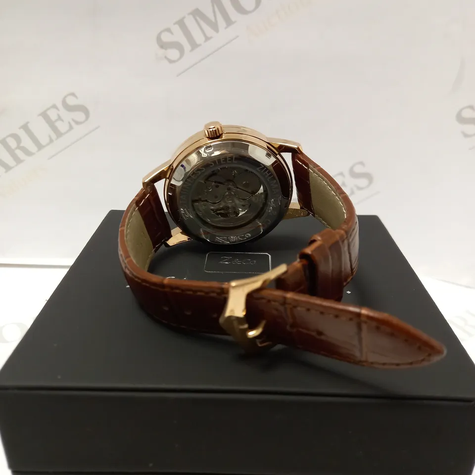 ZIHLMANN & CO GOLD EFFECT SKELETON BROWN LEATHER STRAP WRISTWATCH