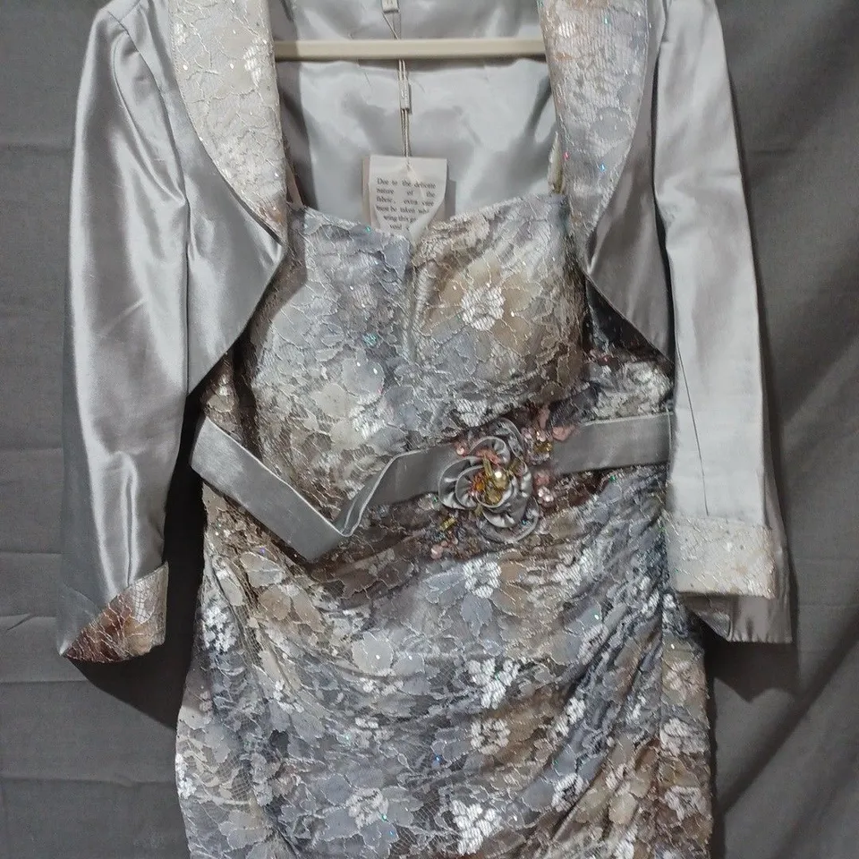 JOHN CHARLES TWO PIECE FLORAL JACKET & DRESS IN SILVER MULTI - SIZE 14