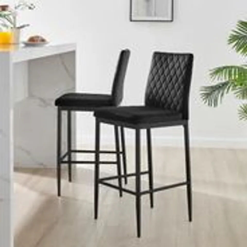 BOXED 2× MILAN BLACK VELVET COUNTER STOOLS BLACK LEGS