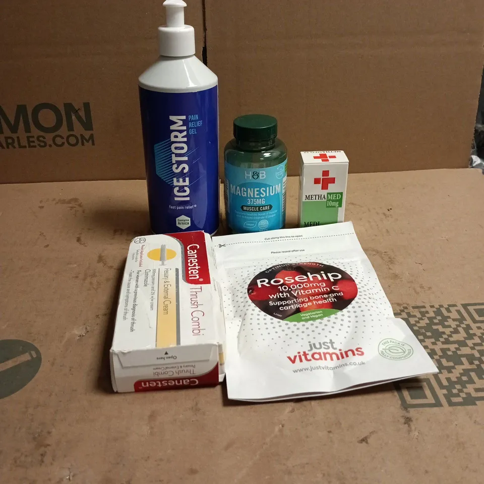 TOTE OF APPROXIMATELY 20 ASSORTED VITAMIN/SUPPLEMENT RELATED ITEMS TO INCLUDE ROSEHIP, CANESTEN, ICE STORM PAIN RELIEF, HOLLAND AND BARRETT MAGNESIUM ETC