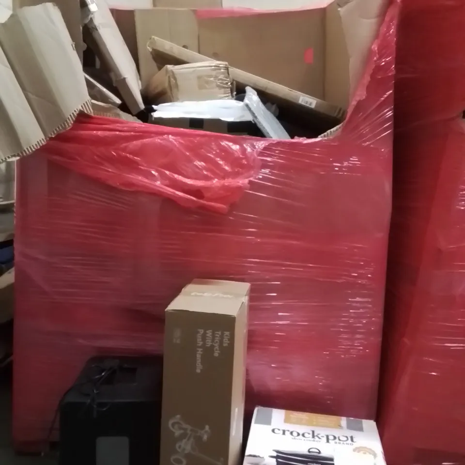 PALLET OF ASSORTED HOUSEHOLD GOODS AND PRODUCTS TO INCLUDE;CROCKPOT SLOW COOKER,KIDS TRICYCLE WITH PUSH HANDLE,MINI FRIDGE